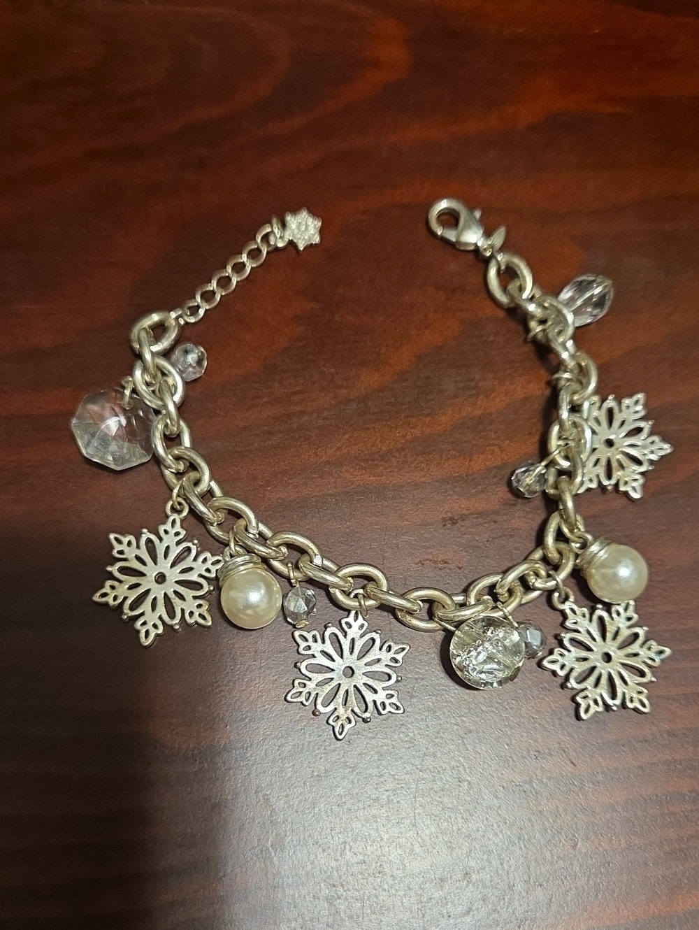 Silver Snowflake Charm Bracelet with Pearls and Crystals